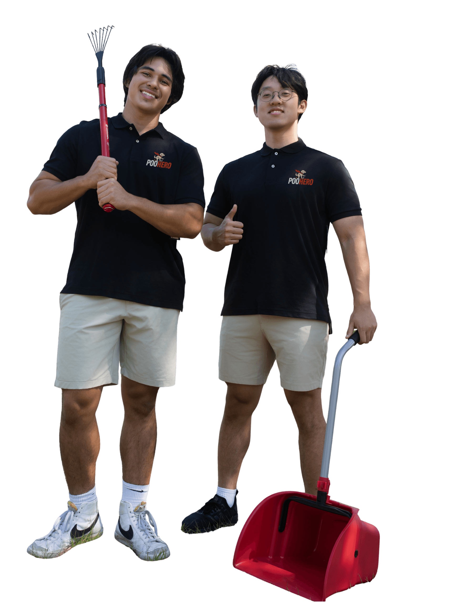 Poo Hero owners Yuri and Tristan with professional scooping equipment